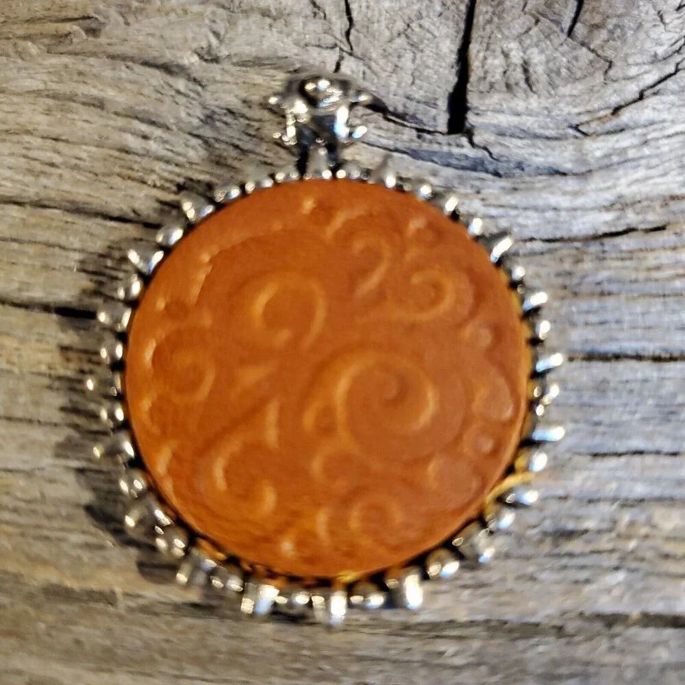 Vintage Brown Leather Embossed Swirls Bali Style Bail Silver Pewter Pendant